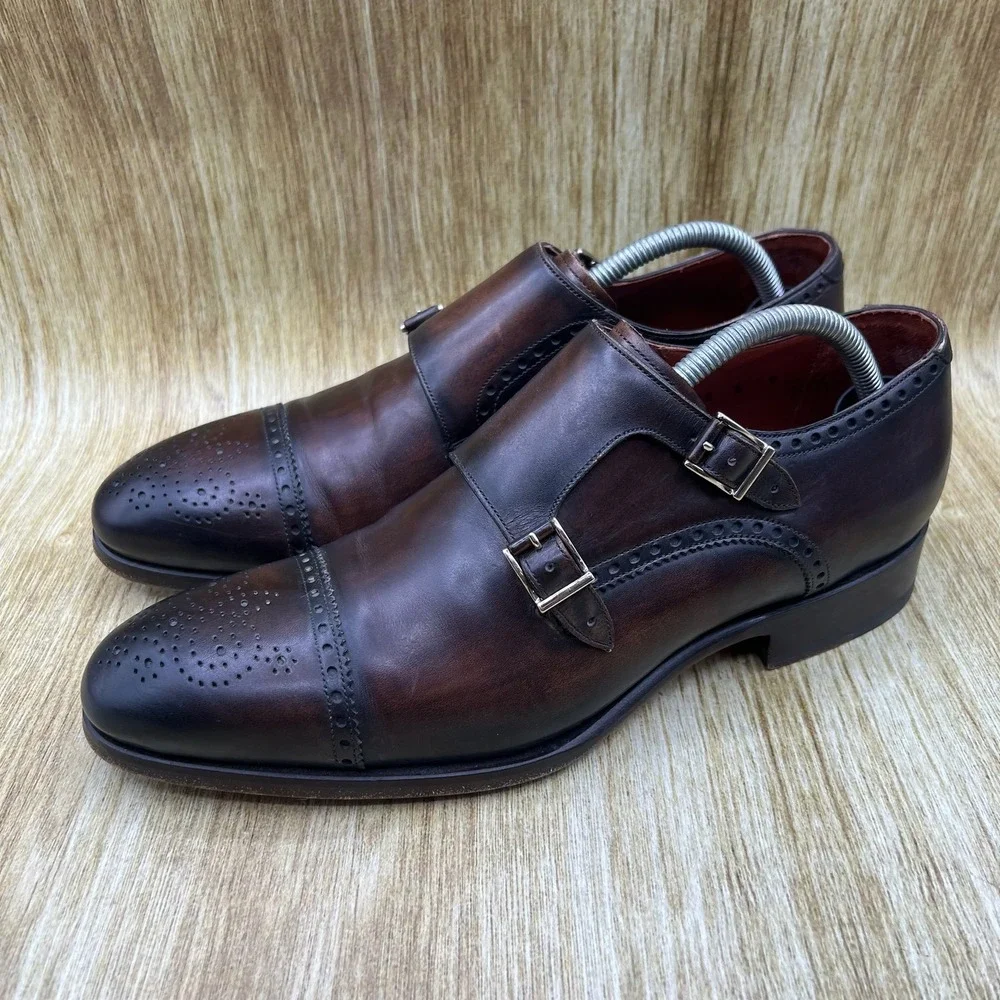 Magnanni Double Monk Strap Men's Size 9 Dark Brown Brogue Cap Toe Leather Spain
